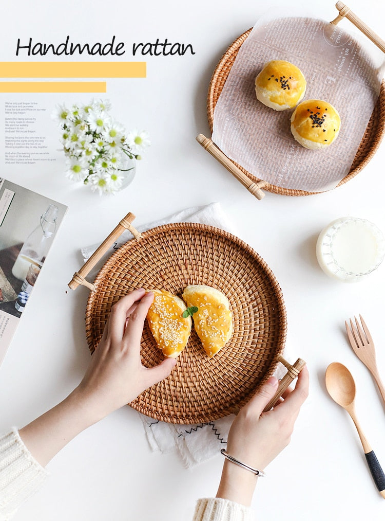 Rattan Tray With Wooden Handle