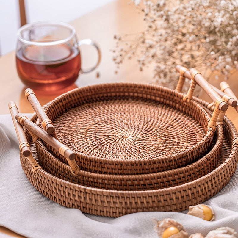 Rattan Tray With Wooden Handle